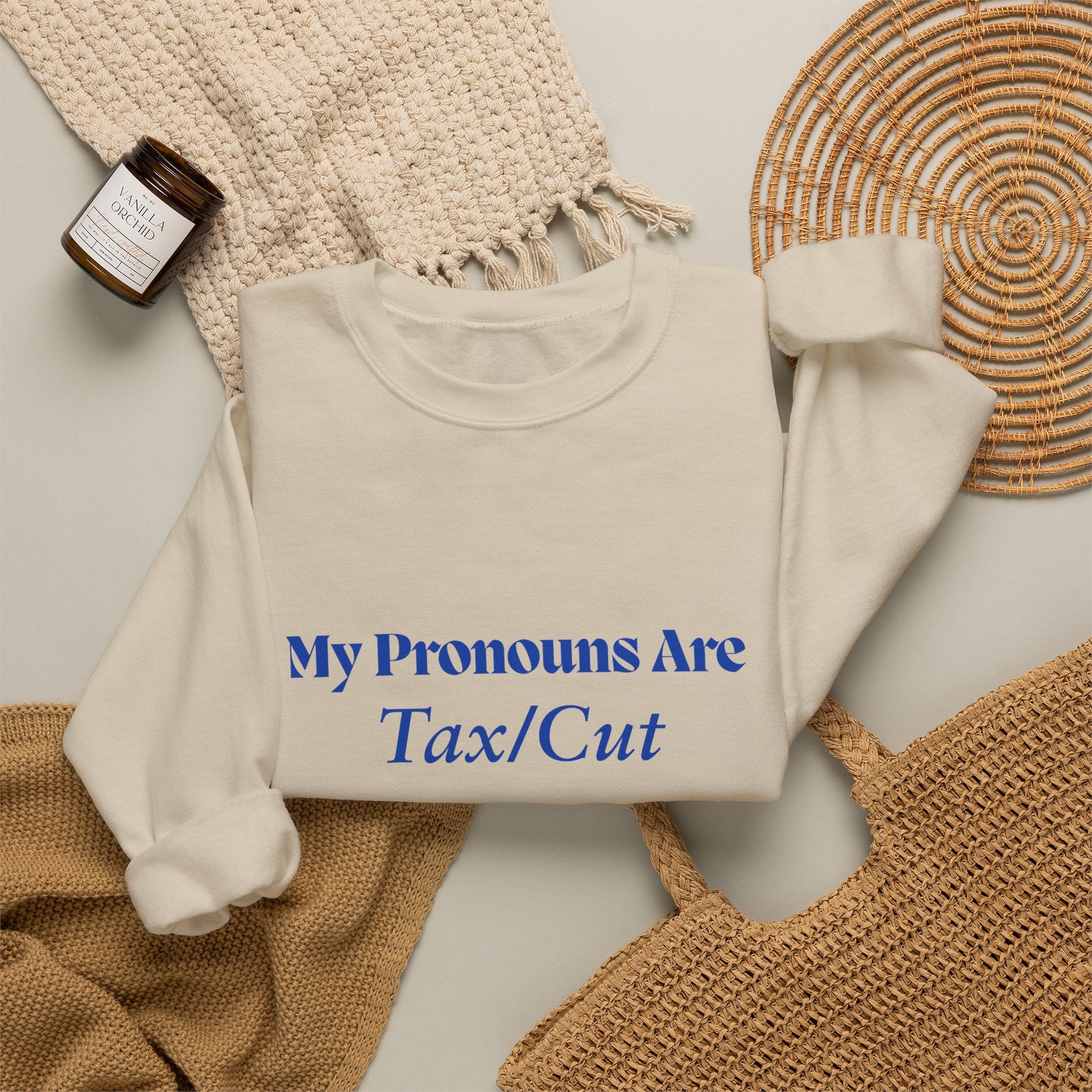 Crewneck Sweatshirt — "My Pronouns Are Tax/Cut" Canadian Maple Pullover