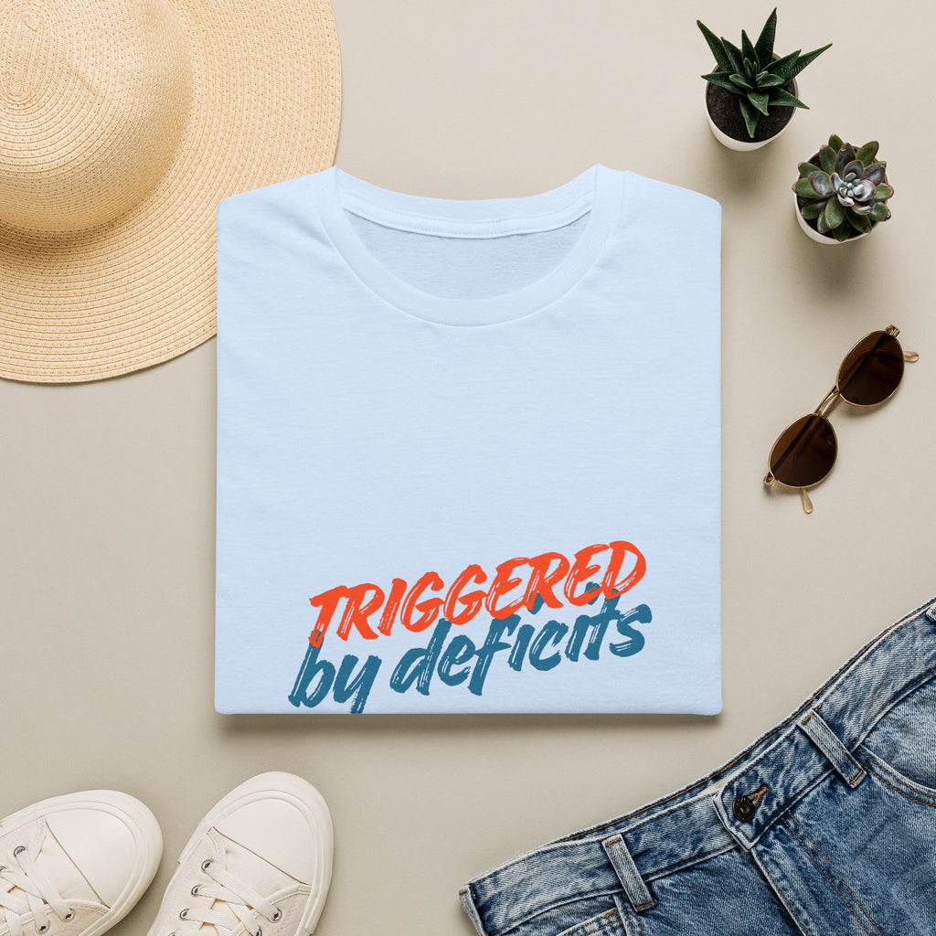 T-Shirt — "Triggered by Deficits" Retro Script Graphic Tee
