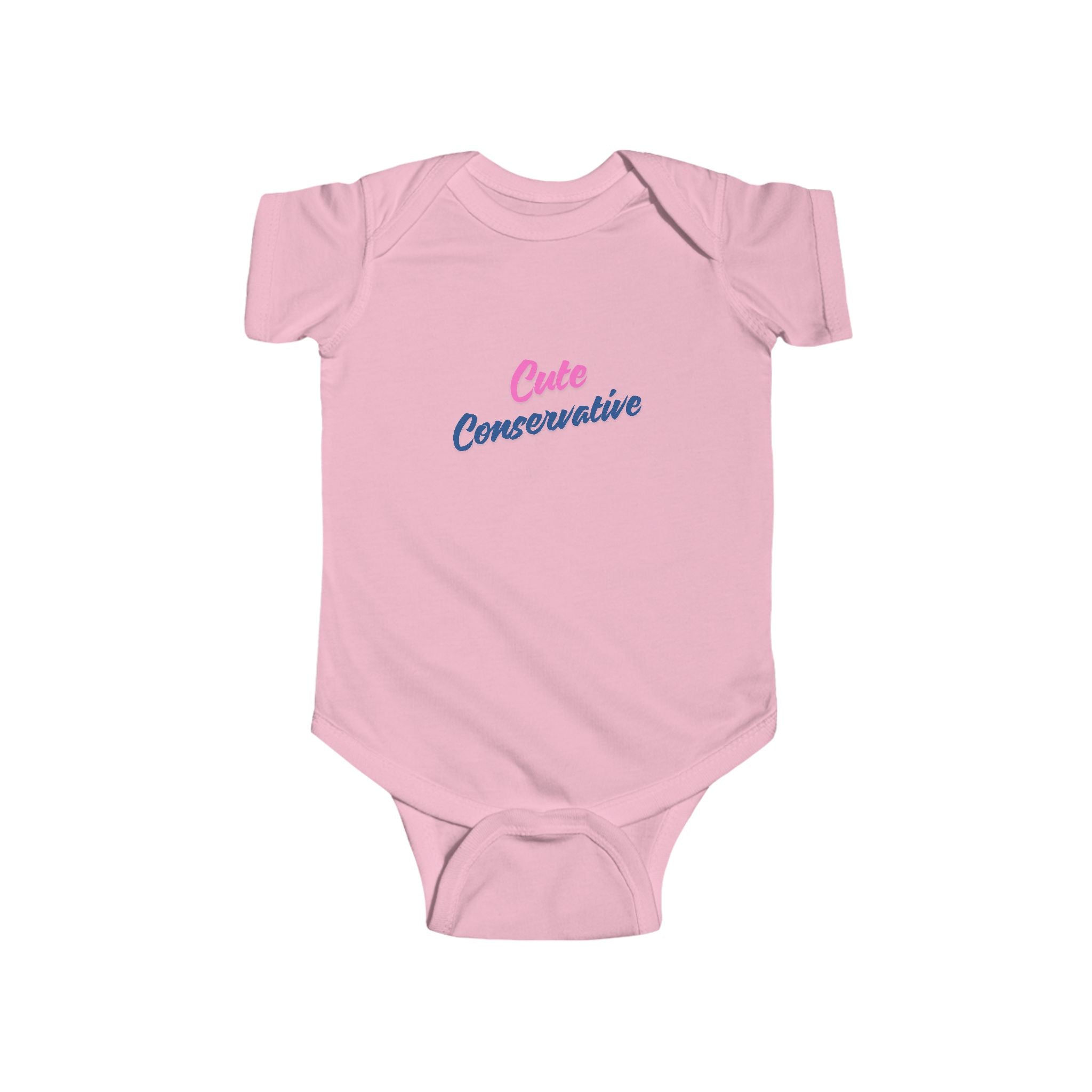 Pink baby onesie with 'Cute Conservative' text on a white background