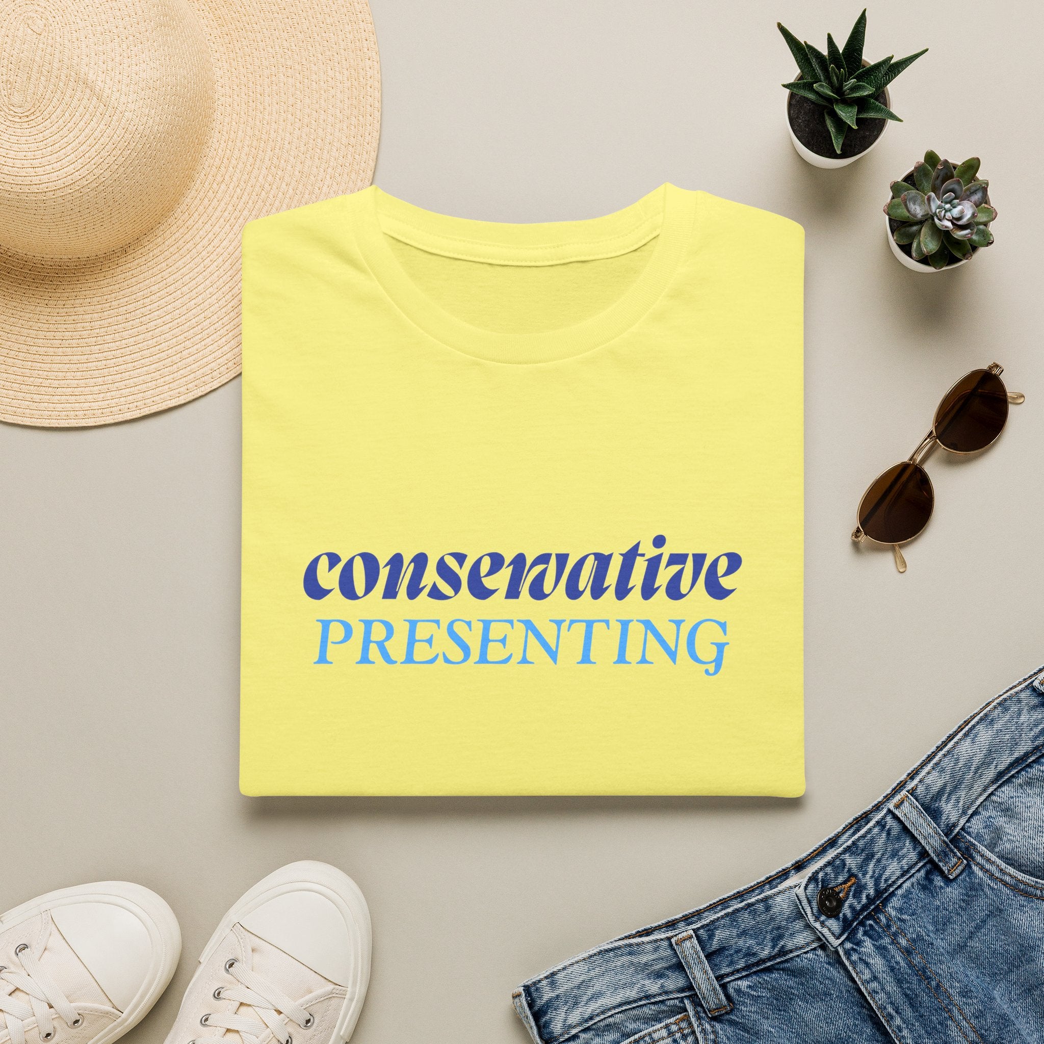 Conservative Presenting T-Shirt — Subtle Blue Typography Tee for Political Pride