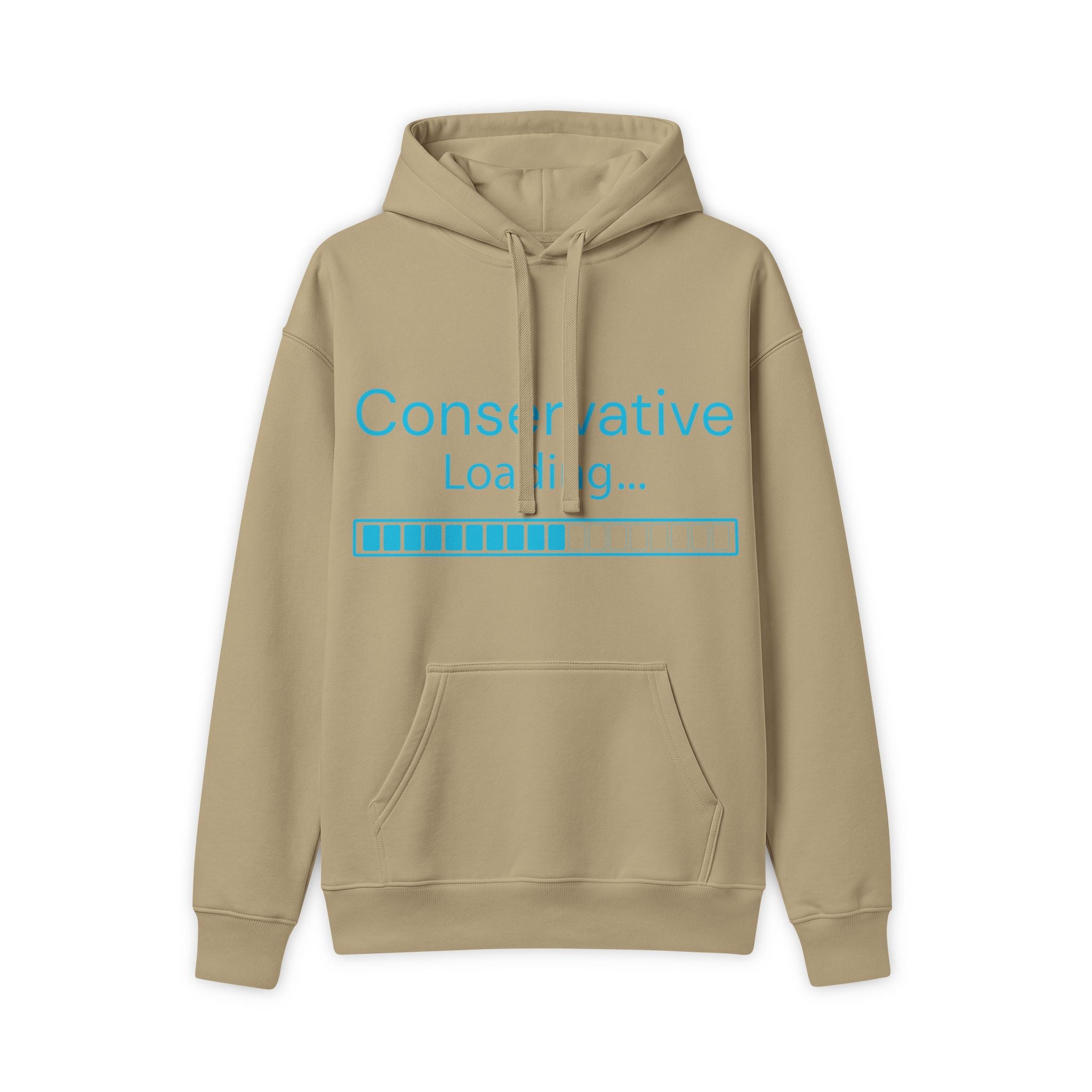 Beige hoodie with blue text and graphics on a white background