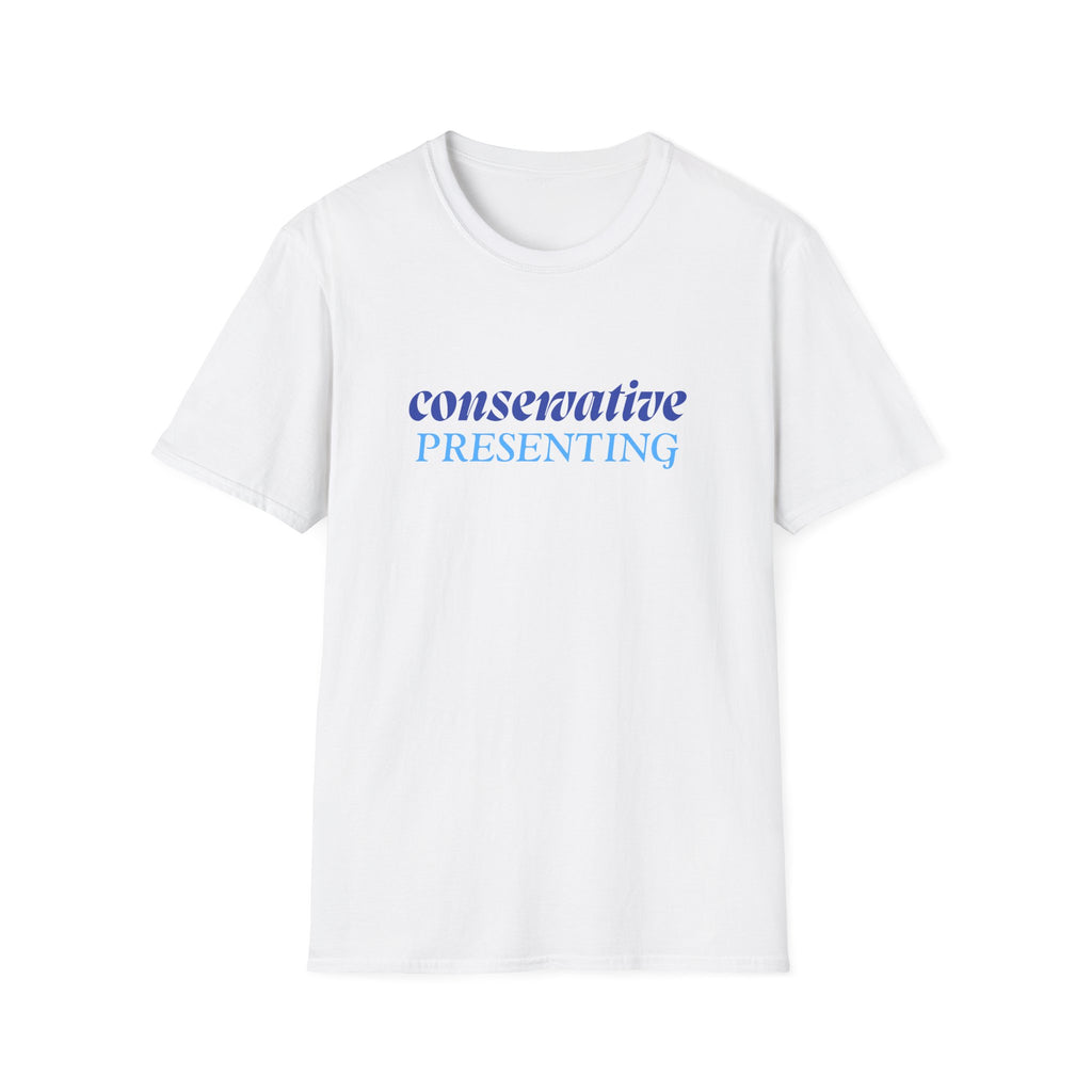 Conservative Presenting T-Shirt — Subtle Blue Typography Tee for Political Pride