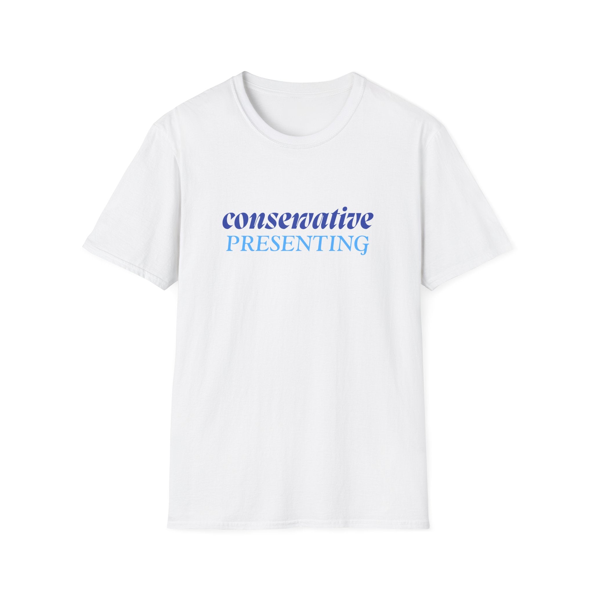 Conservative Presenting T-Shirt — Subtle Blue Typography Tee for Political Pride