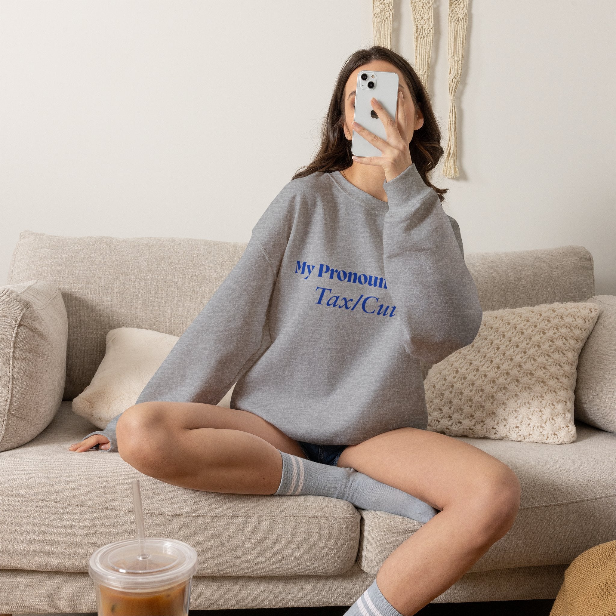 Crewneck Sweatshirt — "My Pronouns Are Tax/Cut" Canadian Maple Pullover