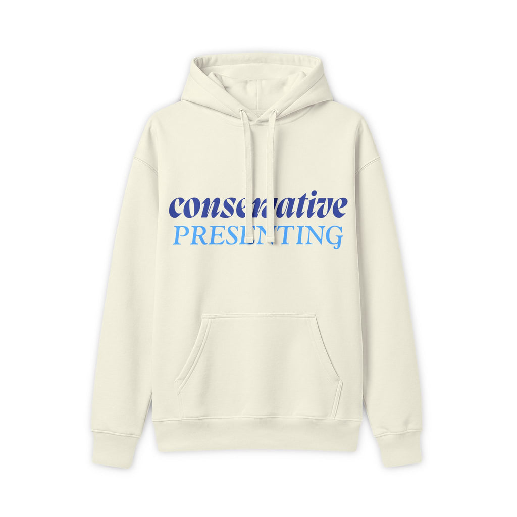 Beige hoodie with blue text on a white background