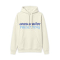 Beige hoodie with blue text on a white background