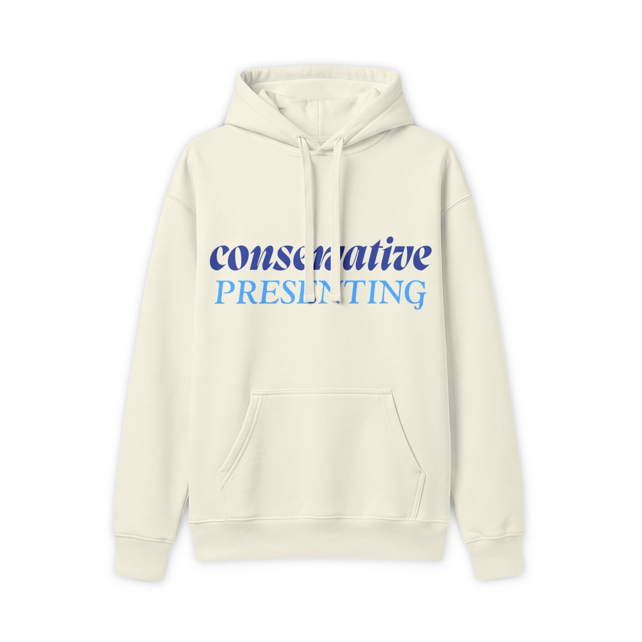 Beige hoodie with blue text on a white background