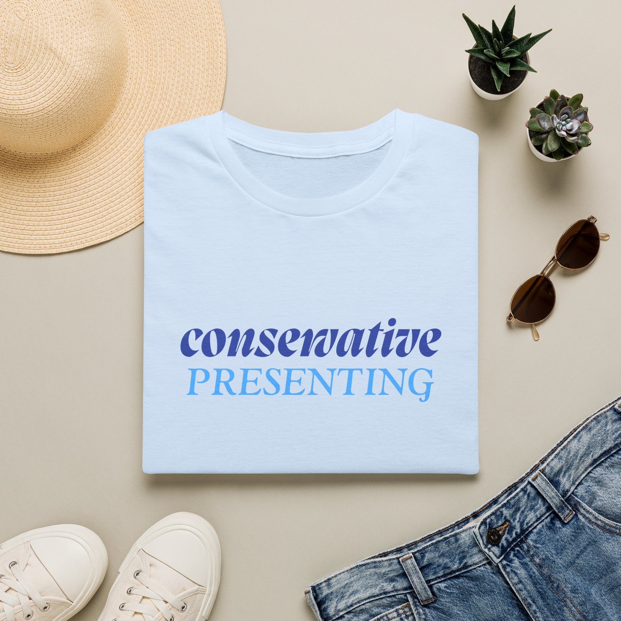 Conservative Presenting T-Shirt — Subtle Blue Typography Tee for Political Pride