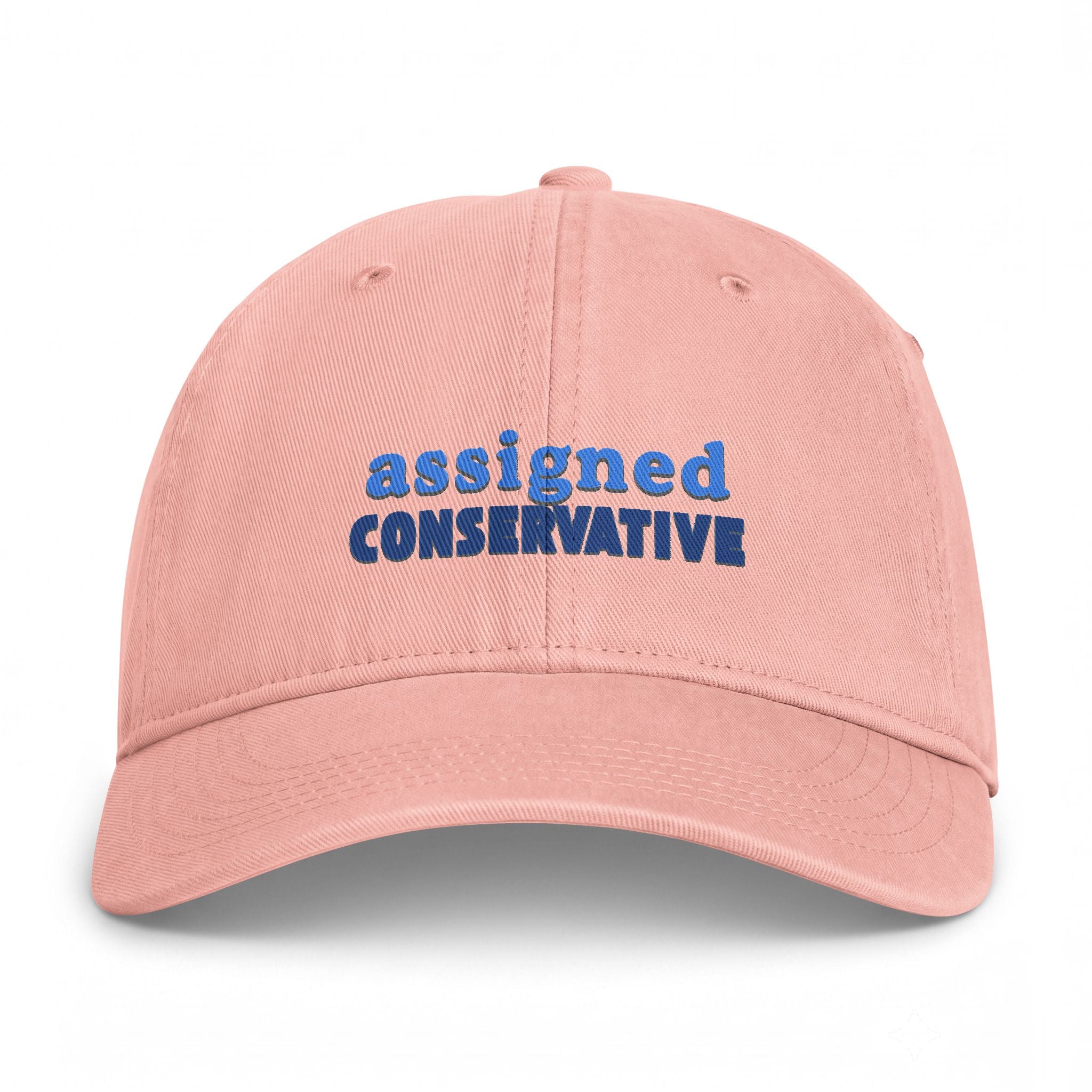 Pink cap with 'assigned CONSERVATIVE' text on a white background