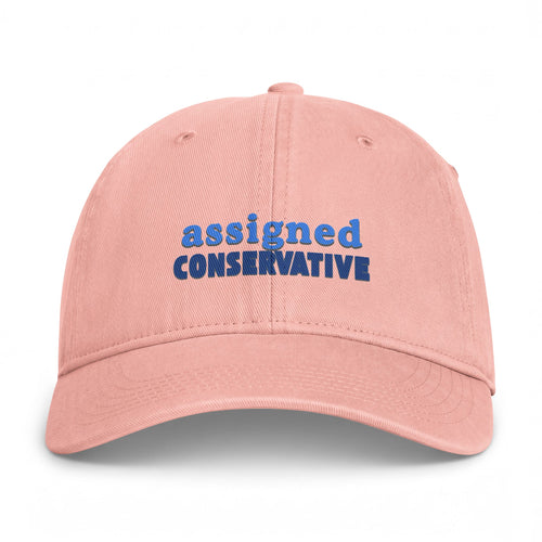 Pink cap with 'assigned CONSERVATIVE' text on a white background