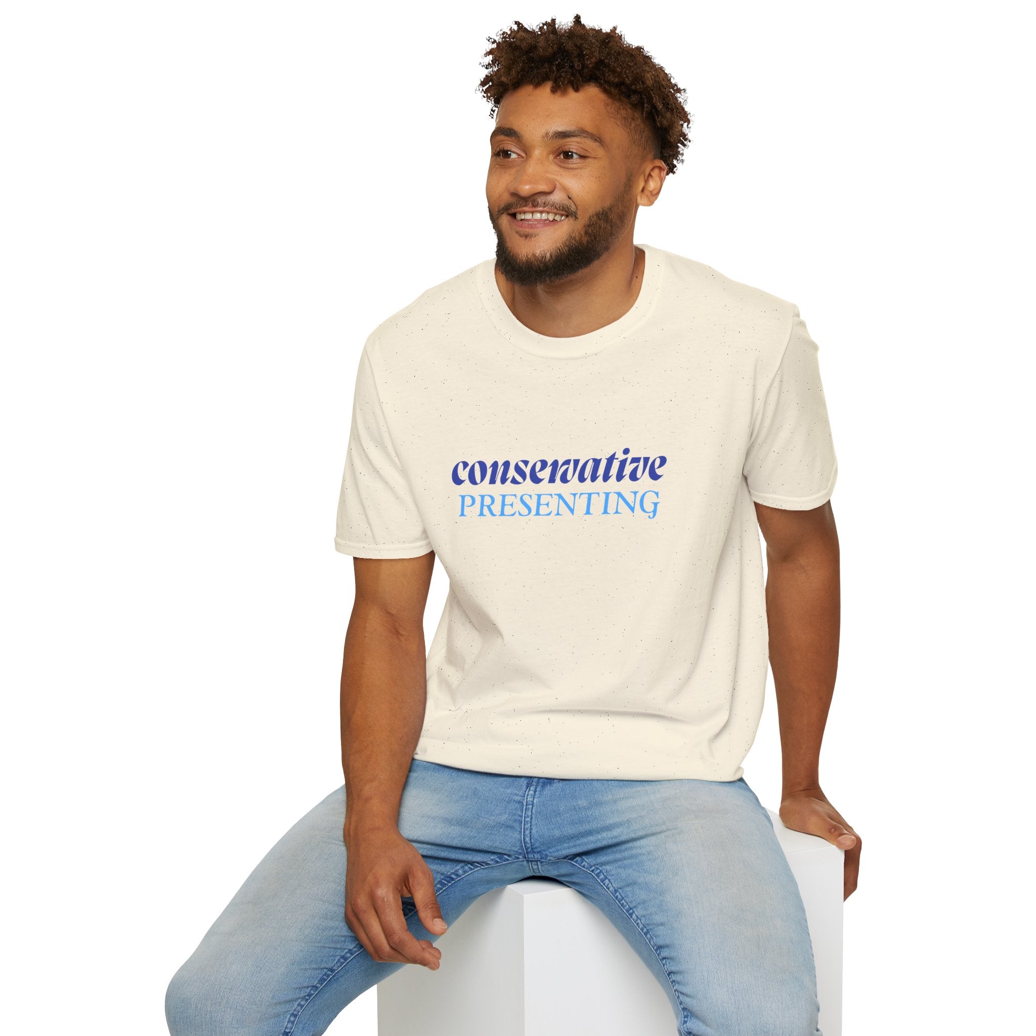 Conservative Presenting T-Shirt — Subtle Blue Typography Tee for Political Pride