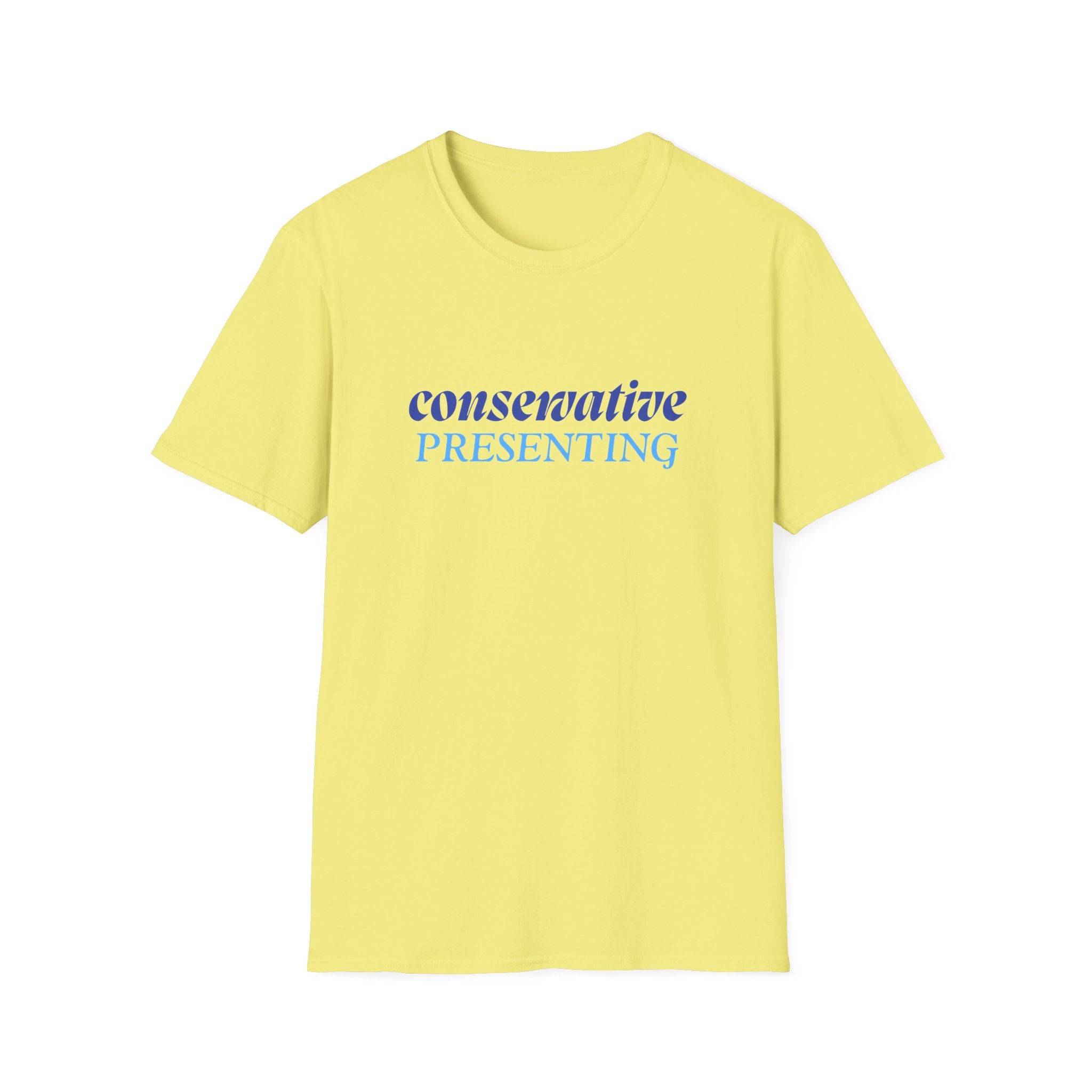Conservative Presenting T-Shirt — Subtle Blue Typography Tee for Political Pride
