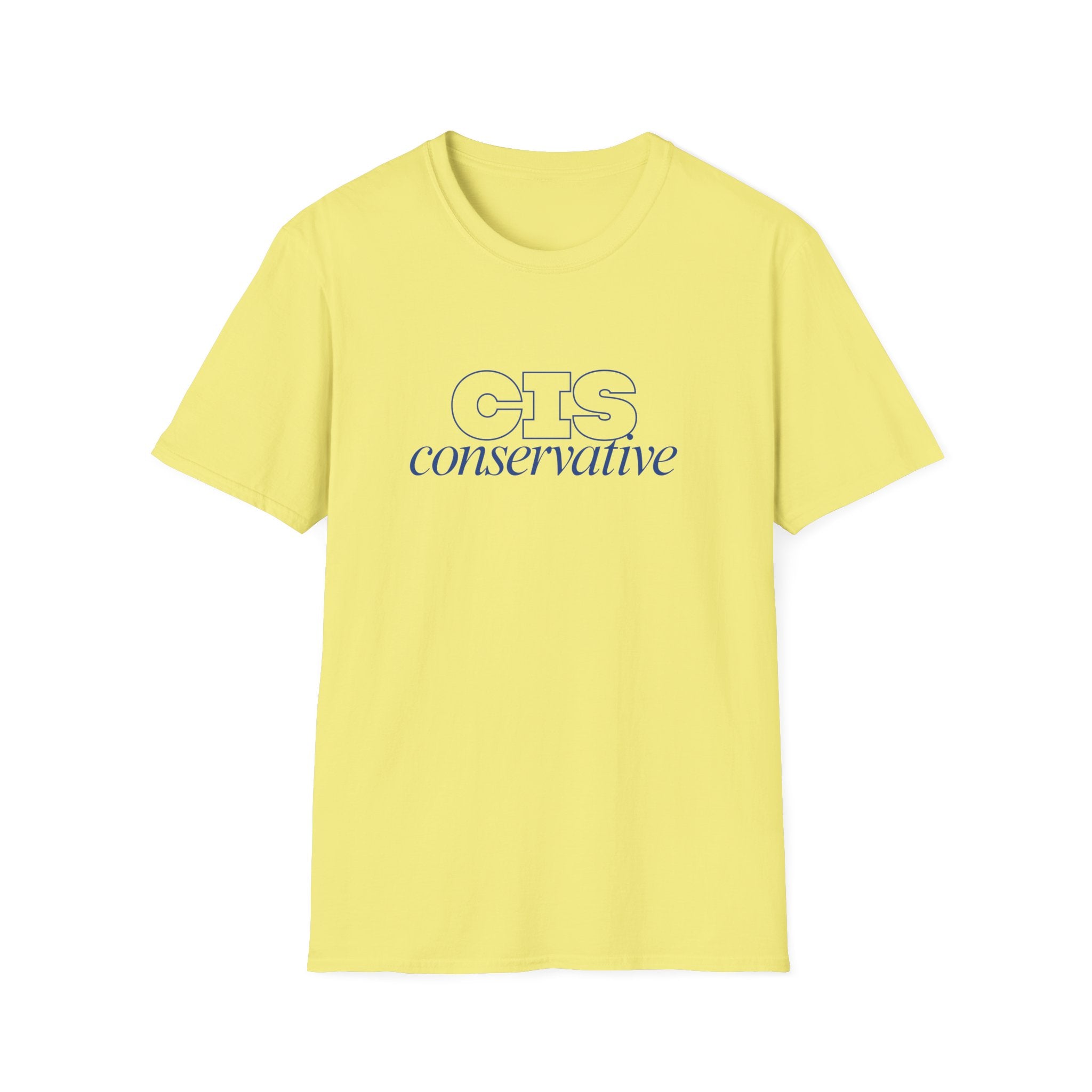 Yellow t-shirt with 'CIS conservative' text on a white background
