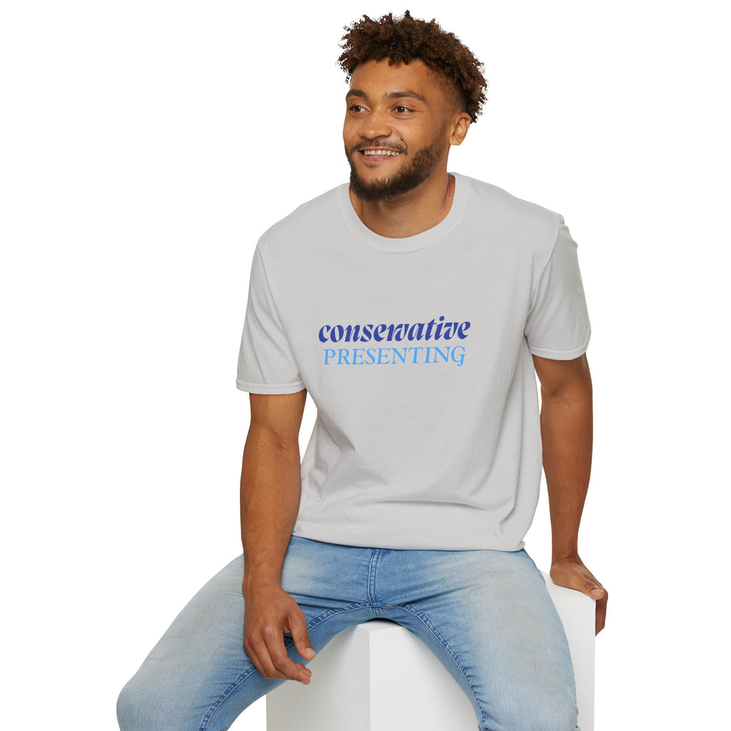 Conservative Presenting T-Shirt — Subtle Blue Typography Tee for Political Pride