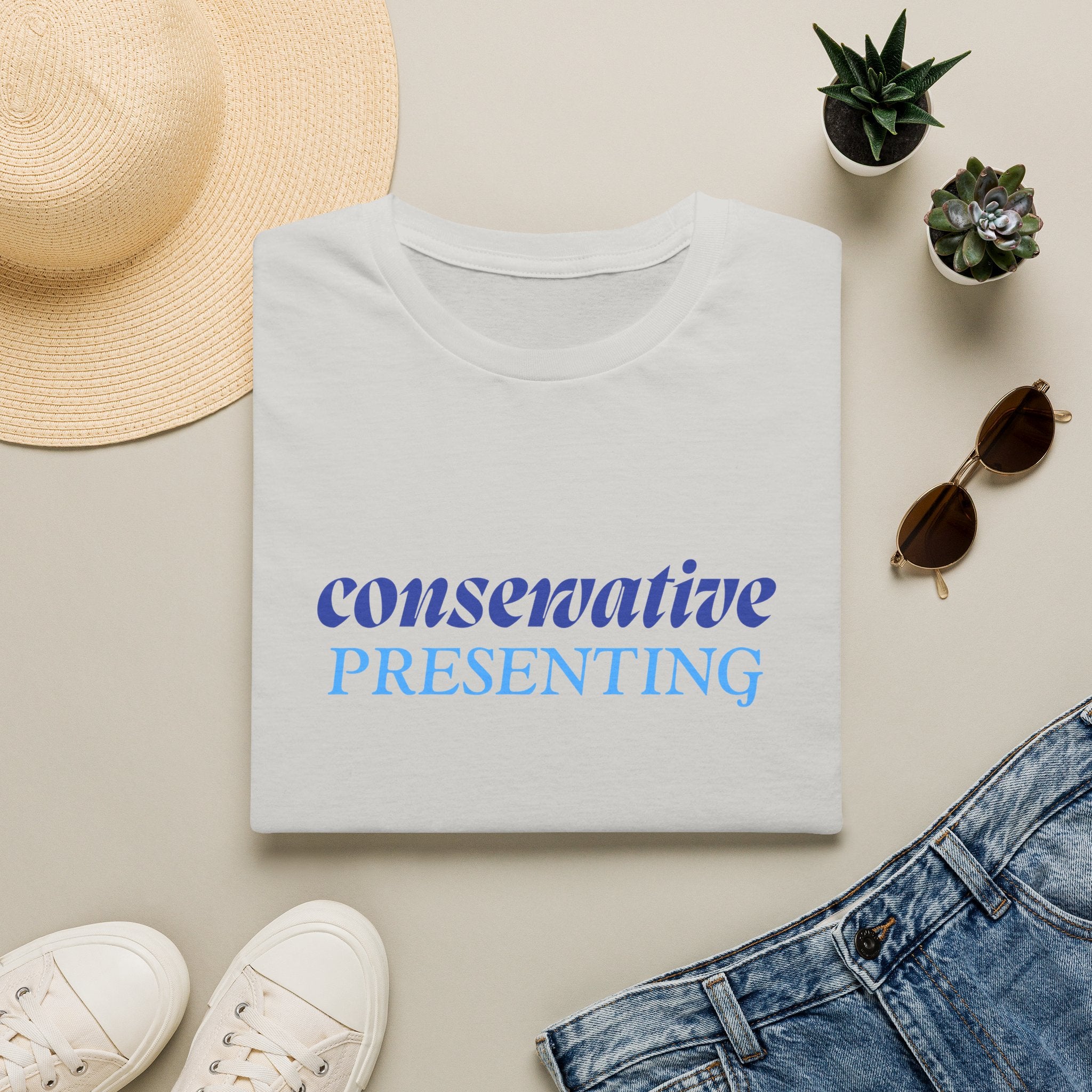 Conservative Presenting T-Shirt — Subtle Blue Typography Tee for Political Pride