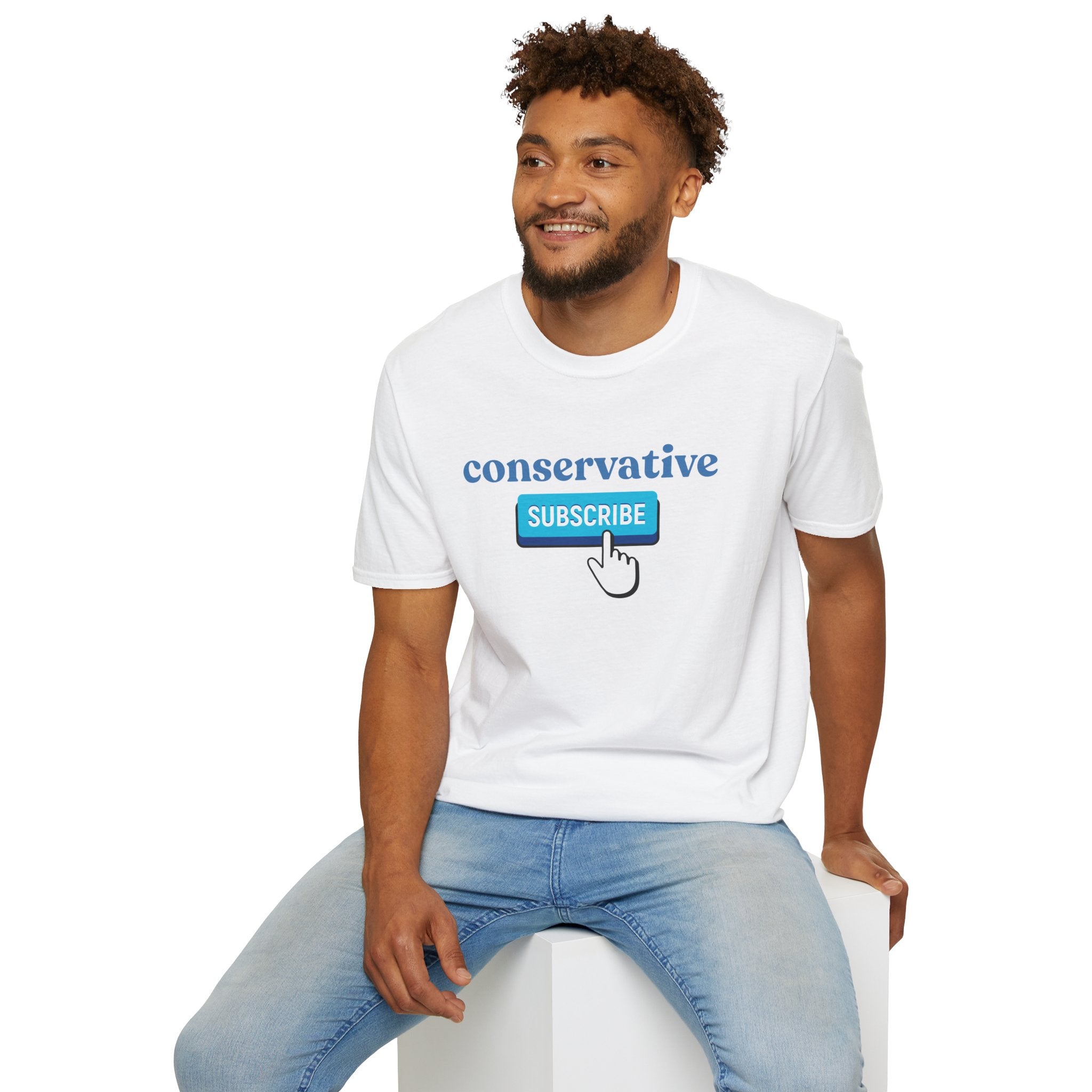 Man wearing a white t-shirt with 'conservative subscribe' text and graphic on a white background