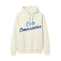 Beige hoodie with 'Cute Conservative' text in blue on a white background
