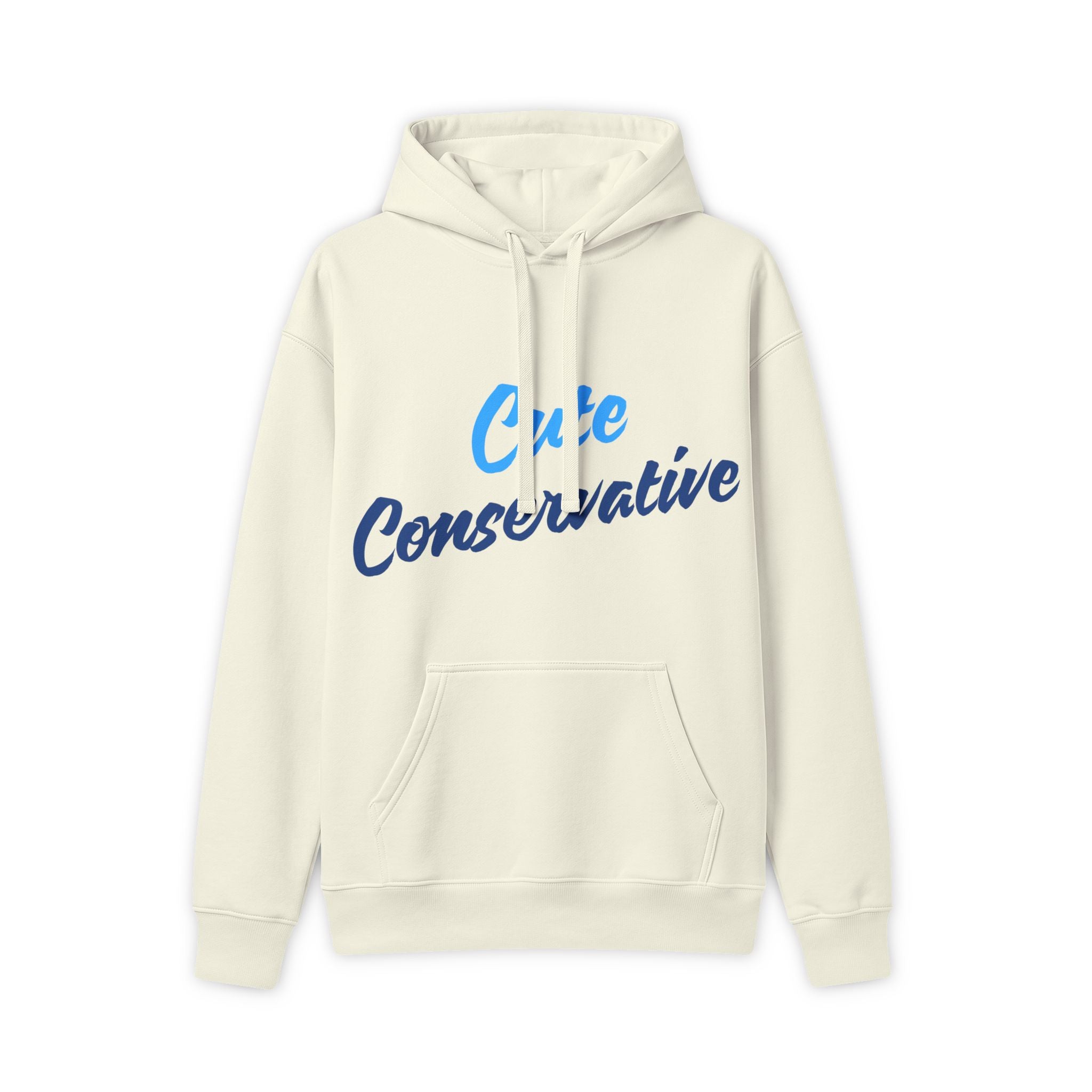 Beige hoodie with 'Cute Conservative' text in blue on a white background