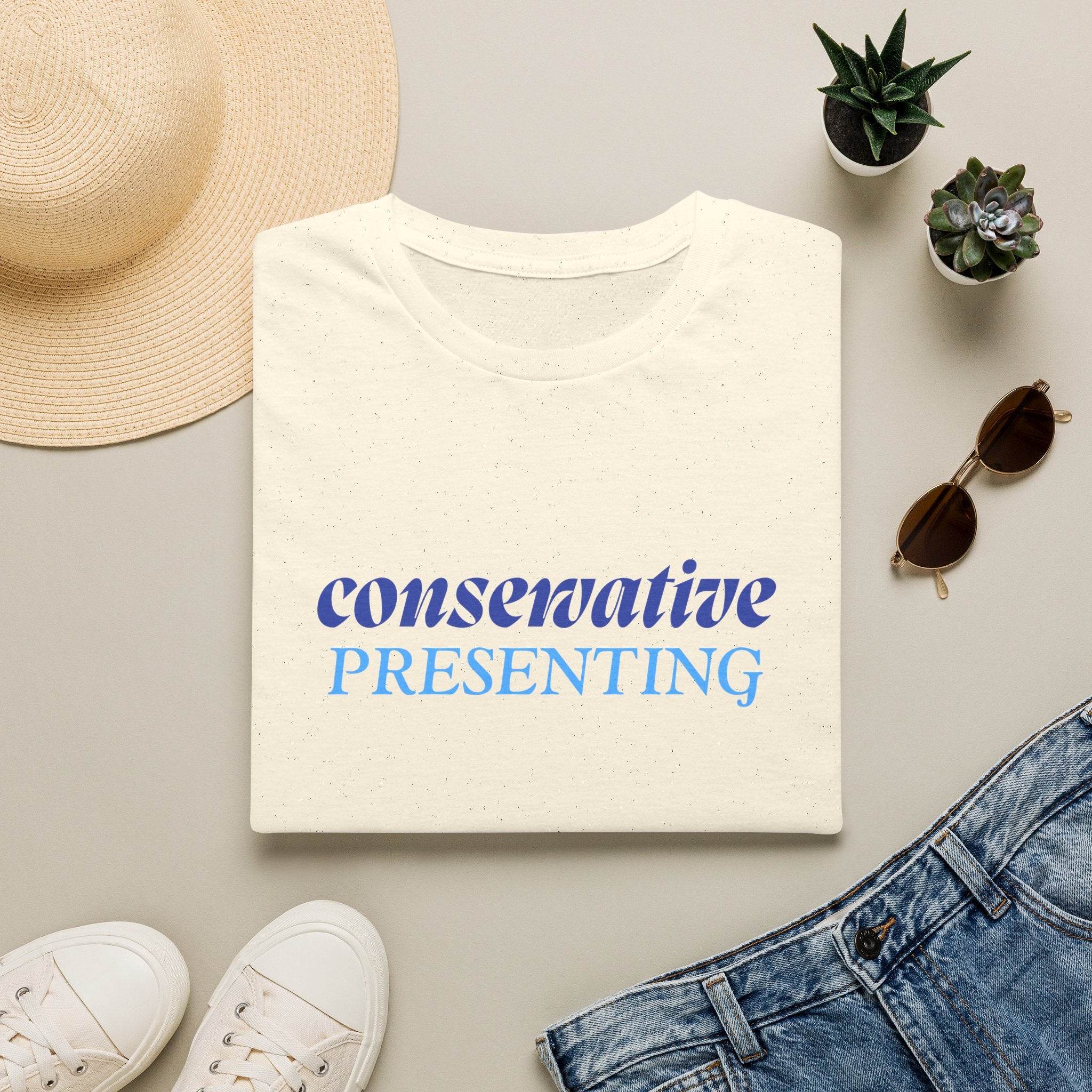 Conservative Presenting T-Shirt — Subtle Blue Typography Tee for Political Pride