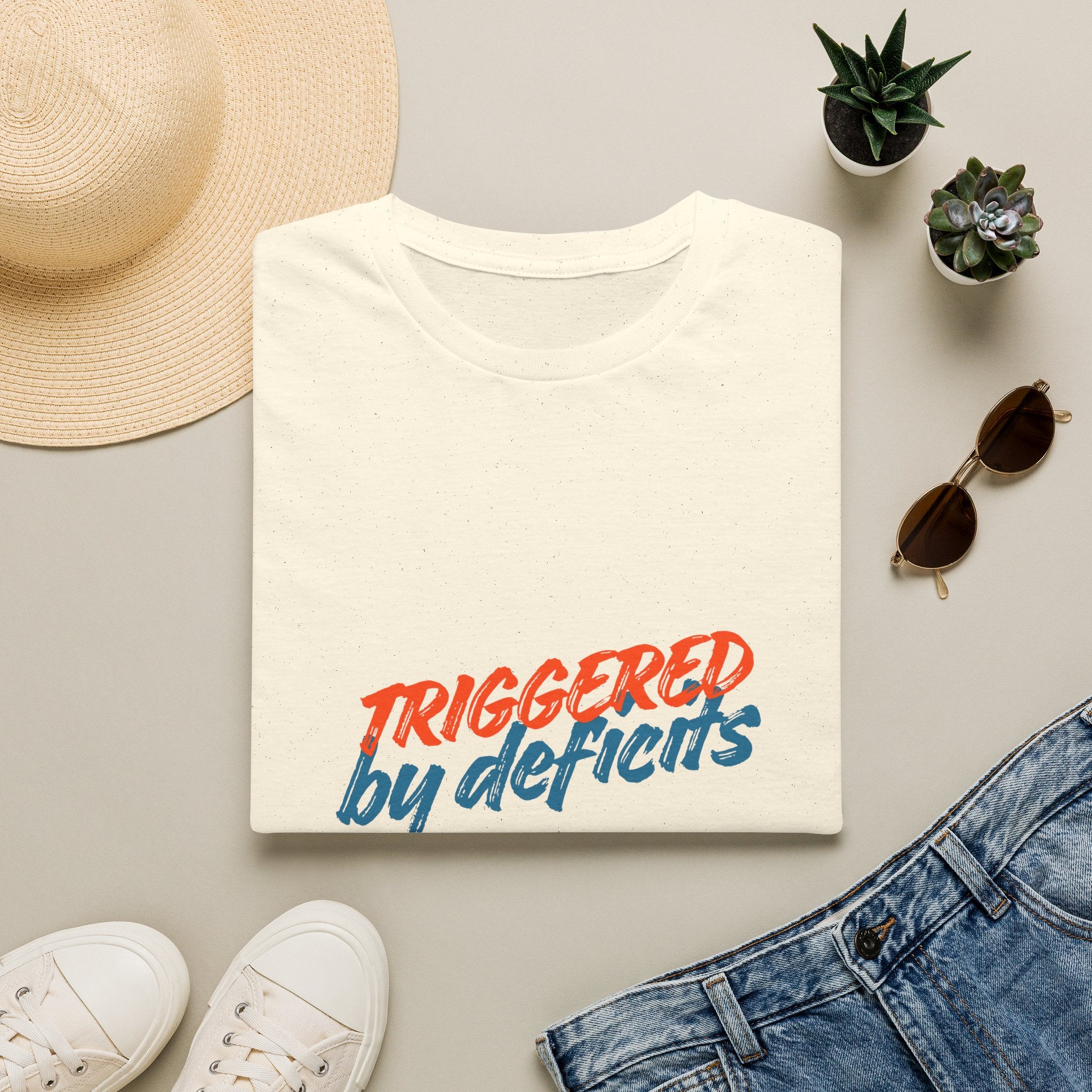 T-Shirt — "Triggered by Deficits" Retro Script Graphic Tee