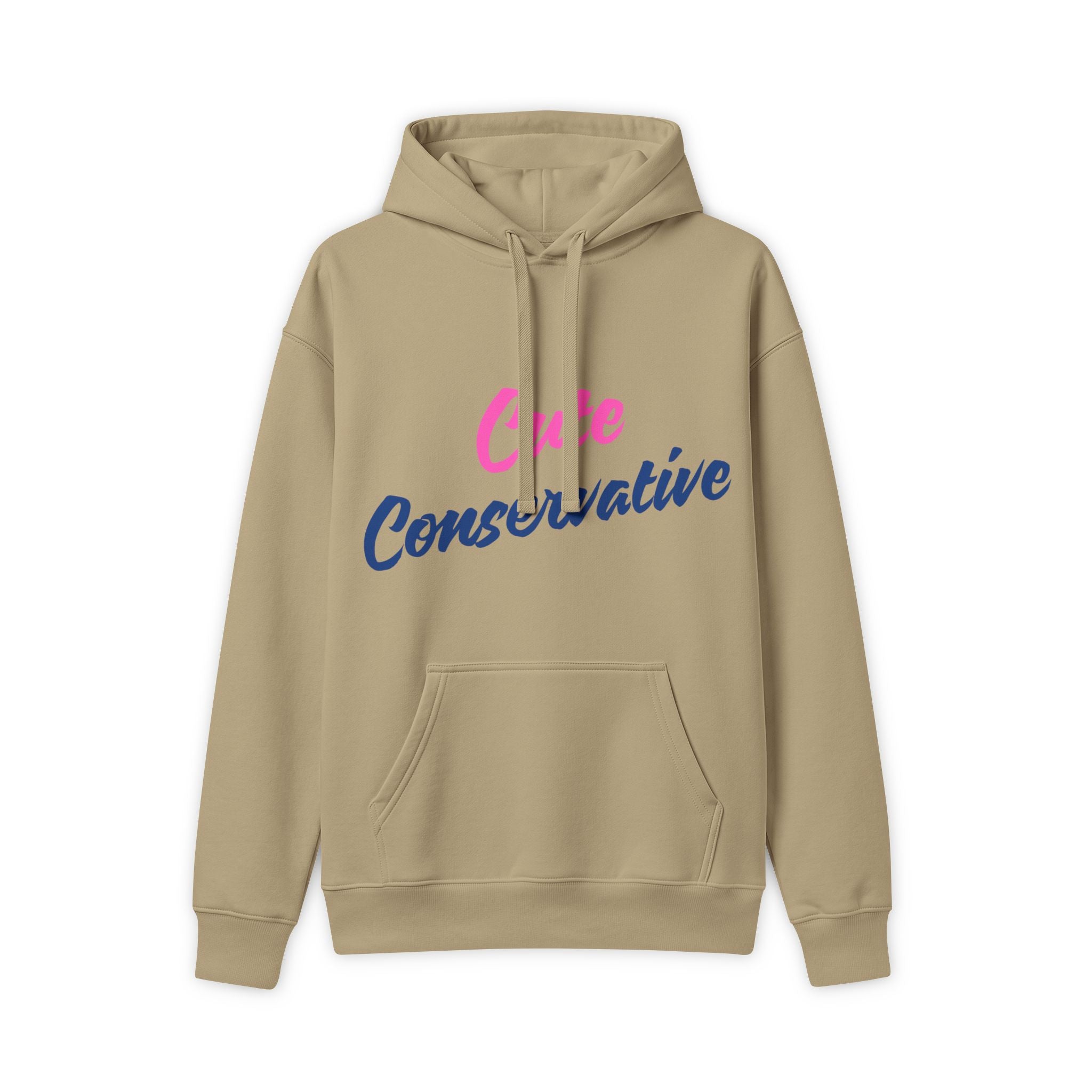 Beige hoodie with 'Cute Conservative' text on a white background