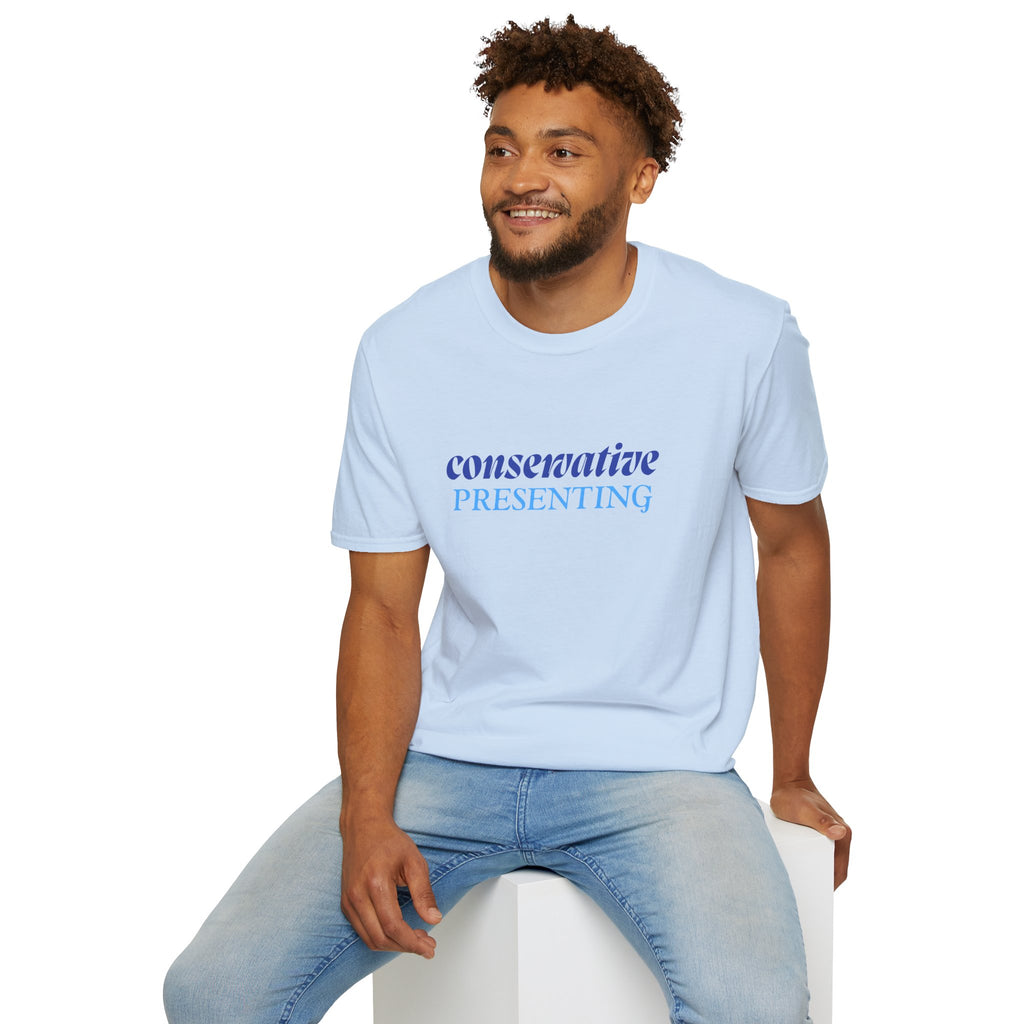 Conservative Presenting T-Shirt — Subtle Blue Typography Tee for Political Pride