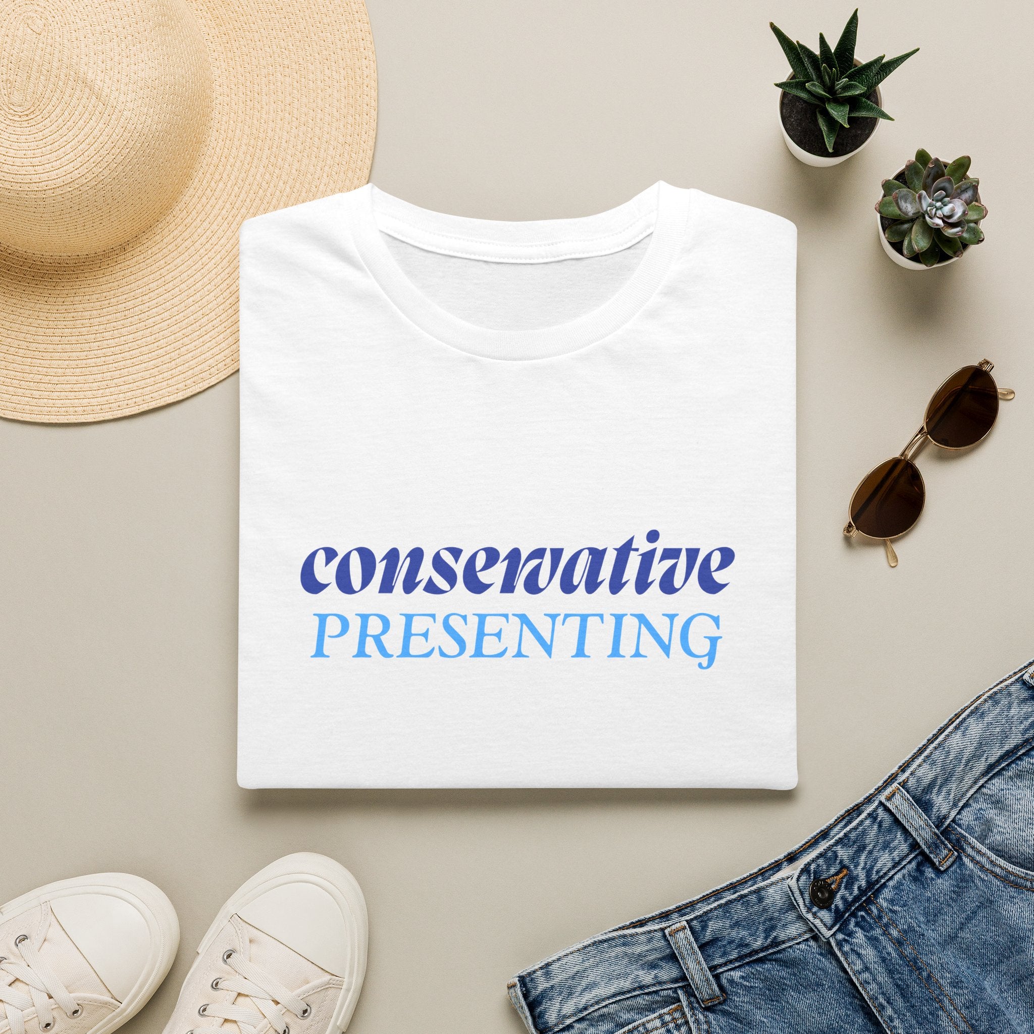 Conservative Presenting T-Shirt — Subtle Blue Typography Tee for Political Pride