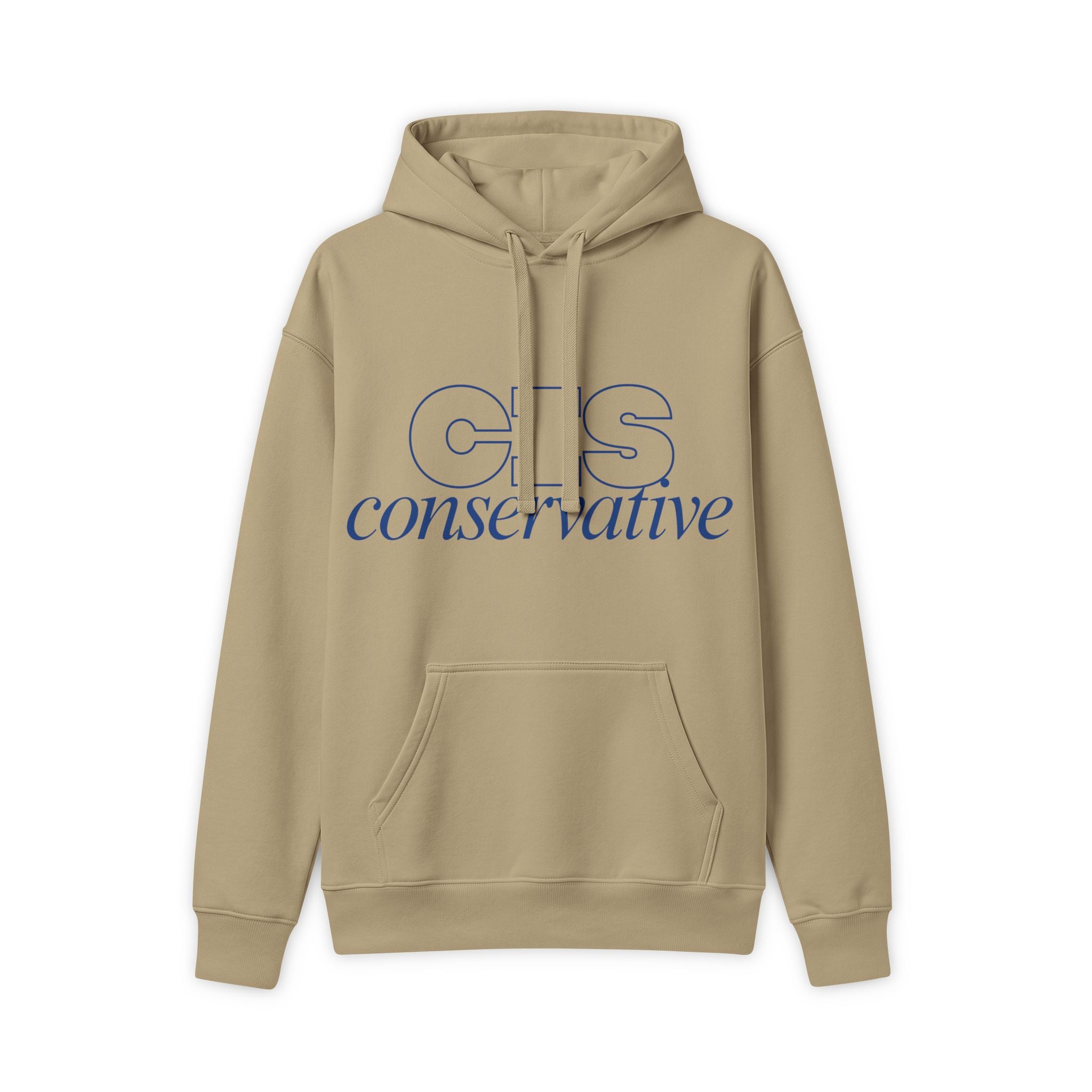 Beige hoodie with 'CIS conservative' text on a white background