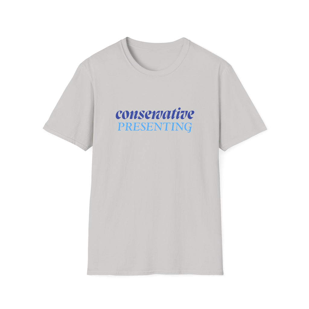 Conservative Presenting T-Shirt — Subtle Blue Typography Tee for Political Pride